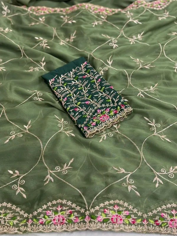 Embroidered_Green_Silk_Saree_With_Floral_Work_And_Contrast_Dark_Green_Blouse