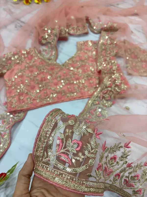 Peach_Embellished_Net_Saree