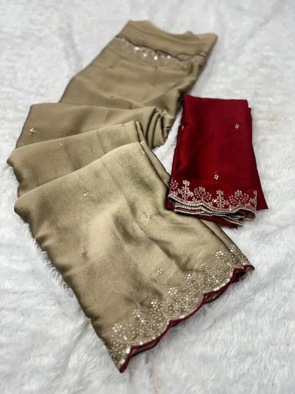 Beige_Embellished_Saree_With_Maroon_Embroidered_Blouse