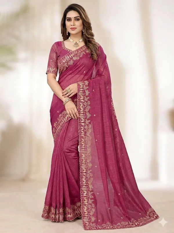 Magenta_Embroidered_Saree_With_Blouse_Piece