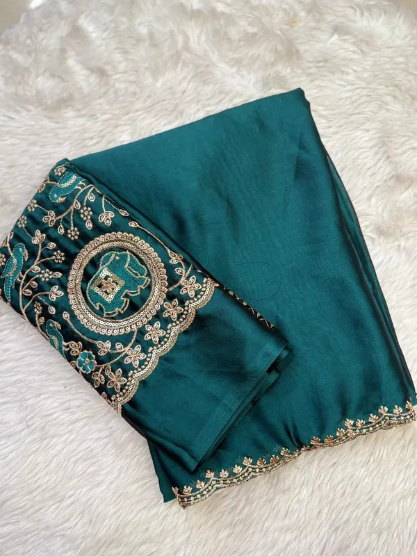 Teal_Blue_Saree_With_Embroidered_Blouse_Piece