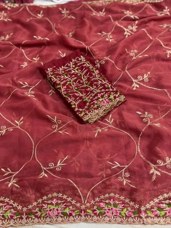 Maroon_Embroidered_Organza_Saree_With_Floral_Zari_Work