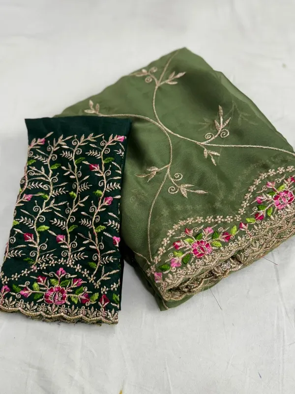 Embroidered_Green_Silk_Saree_With_Floral_Work_And_Contrast_Dark_Green_Blouse