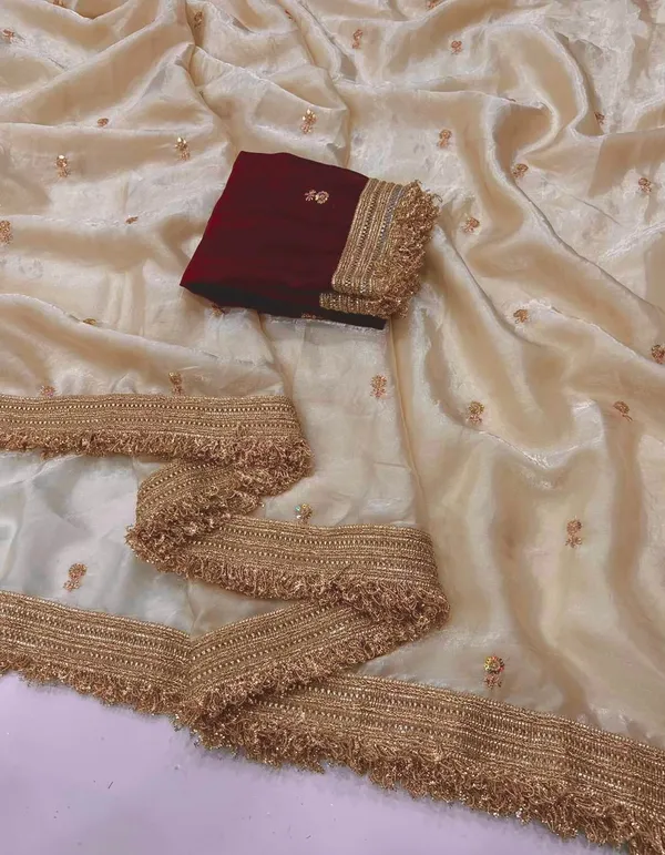 Elegant_Off_White_Embroidered_Saree_With_Maroon_Velvet_Blouse_And_Golden_Lace_Border