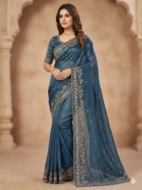 Blue_Embroidered_Saree_With_Golden_Floral_Border_And_Blouse_Piece