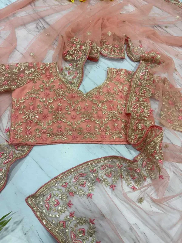 Peach_Embellished_Net_Saree