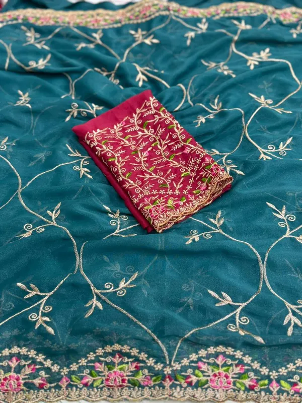 Embroidered_Saree_-_Teal_Blue_And_Maroon