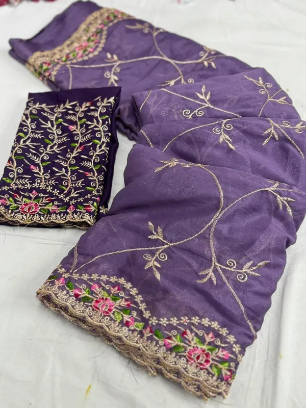 Purple_Embroidered_Organza_Saree_With_Floral_Border_And_Blouse_Piece