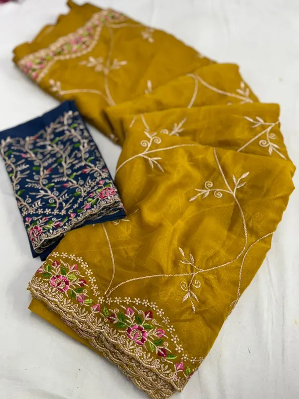 Embroidered_Mustard_Yellow_Organza_Saree_With_Navy_Blue_Blouse