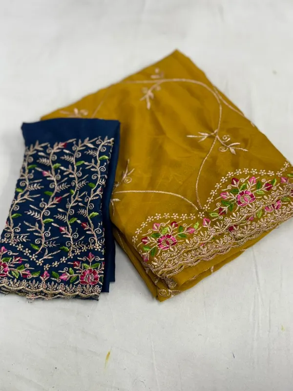 Embroidered_Mustard_Yellow_Organza_Saree_With_Navy_Blue_Blouse
