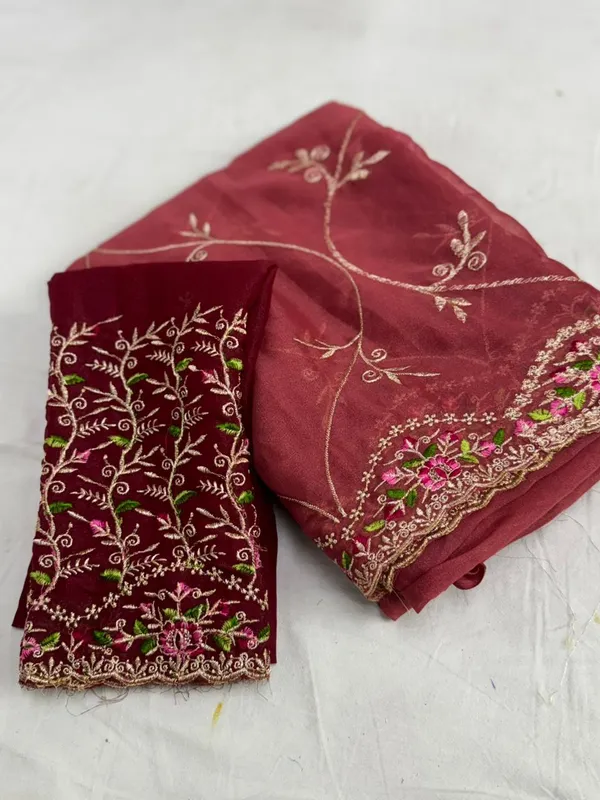 Maroon_Embroidered_Organza_Saree_With_Floral_Zari_Work