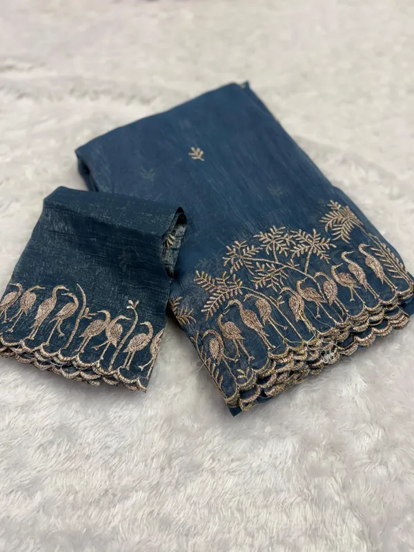 Blue_Embroidered_Saree_With_Golden_Floral_Border_And_Blouse_Piece