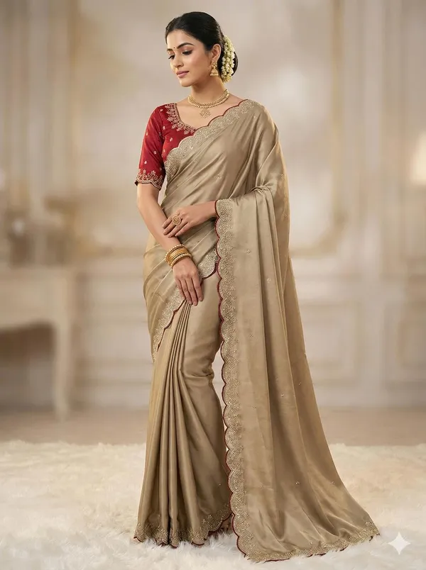 Beige_Embellished_Saree_With_Maroon_Embroidered_Blouse