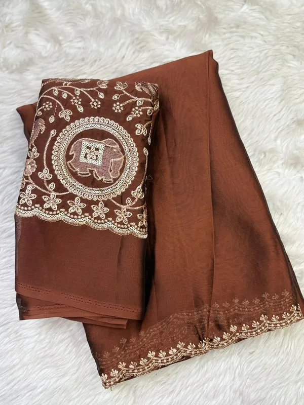 Elegant_Brown_Embroidered_Saree_With_Matching_Blouse_Piece