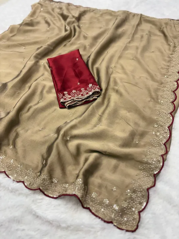 Beige_Embellished_Saree_With_Maroon_Embroidered_Blouse