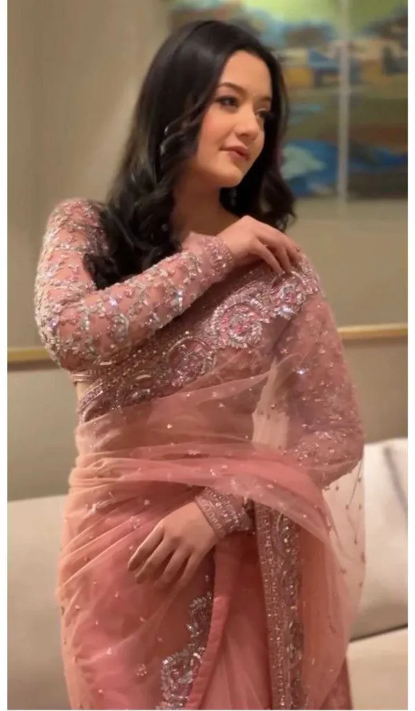 Peach_Embellished_Net_Saree