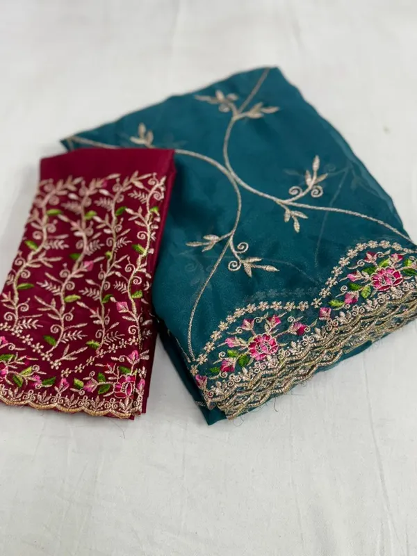 Embroidered_Saree_-_Teal_Blue_And_Maroon