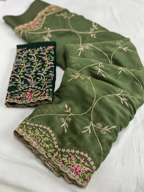 Embroidered_Green_Silk_Saree_With_Floral_Work_And_Contrast_Dark_Green_Blouse