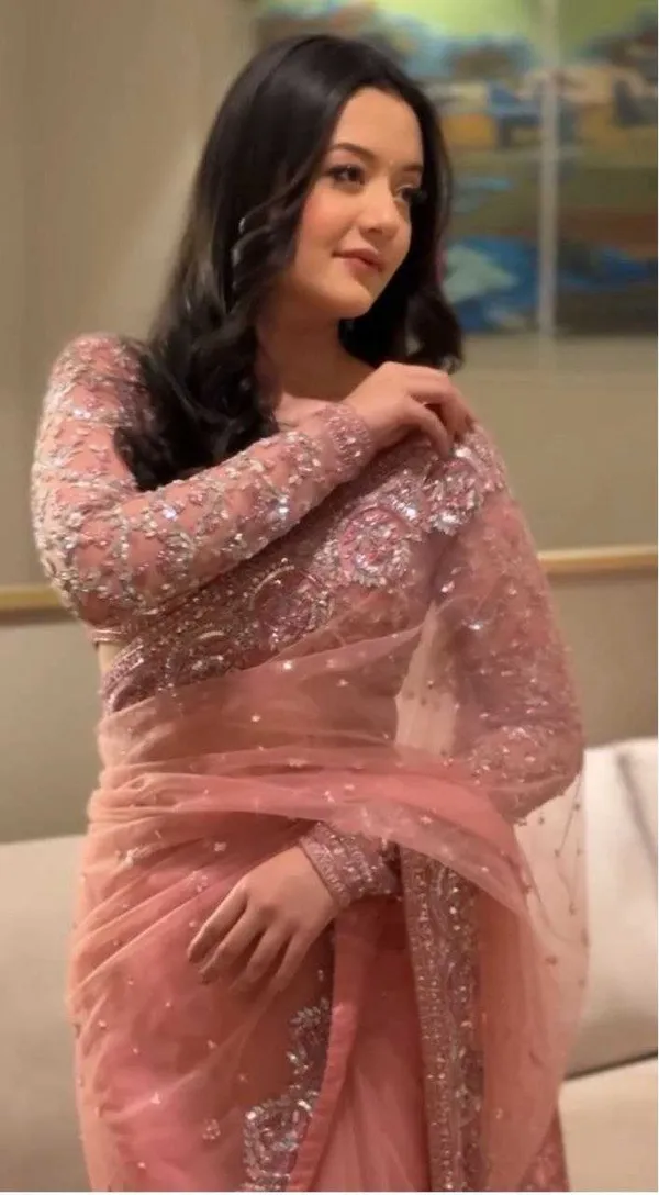 Peach_Embellished_Net_Saree