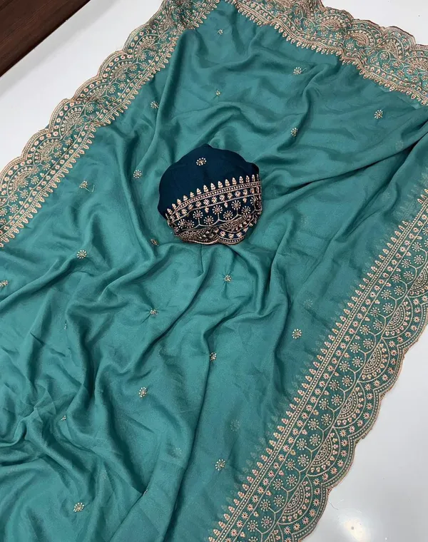 Teal_Green_Embroidered_Saree_With_Blouse