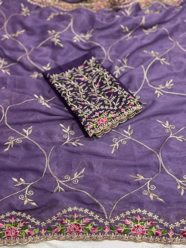 Purple_Embroidered_Organza_Saree_With_Floral_Border_And_Blouse_Piece