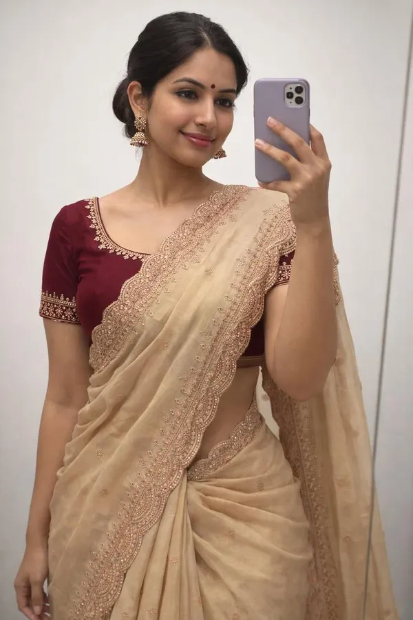 Elegant_Beige_Georgette_Saree_With_Embroidered_Border_And_Maroon_Blouse