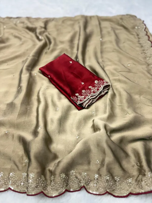 Beige_Embellished_Saree_With_Maroon_Embroidered_Blouse