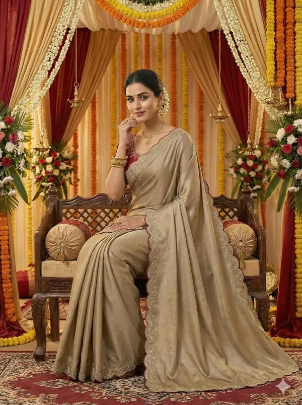 Beige_Embellished_Saree_With_Maroon_Embroidered_Blouse