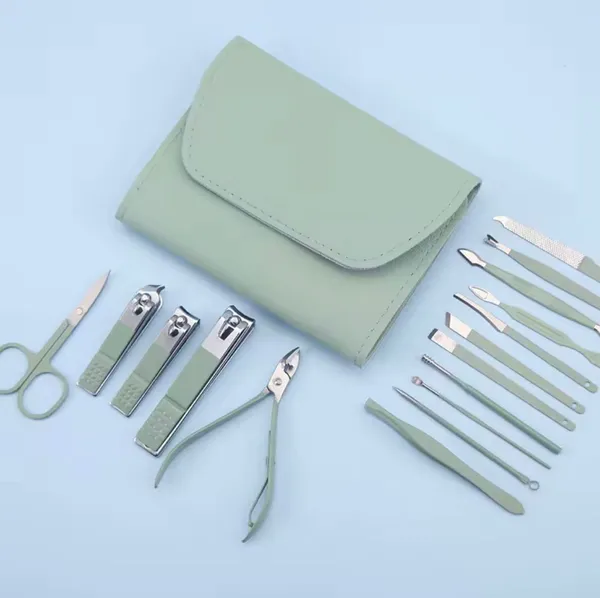16_in_1_Manicure_Pedicure_Complete_Tool_Kit_Set_|_Stainless_Steel_Nail_Care_Tools_with_PU_Leather_Case_|_Matcha_Green_|_Gift_Set_for_Women_&_Men