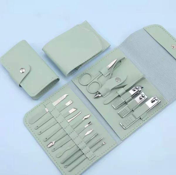 16_in_1_Manicure_Pedicure_Complete_Tool_Kit_Set_|_Stainless_Steel_Nail_Care_Tools_with_PU_Leather_Case_|_Matcha_Green_|_Gift_Set_for_Women_&_Men