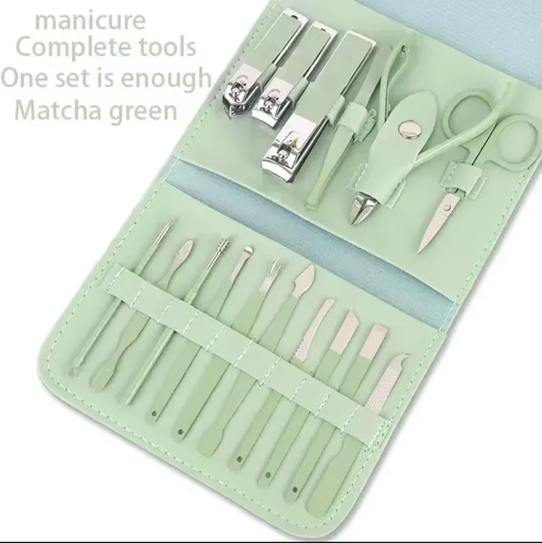 16_in_1_Manicure_Pedicure_Complete_Tool_Kit_Set_|_Stainless_Steel_Nail_Care_Tools_with_PU_Leather_Case_|_Matcha_Green_|_Gift_Set_for_Women_&_Men