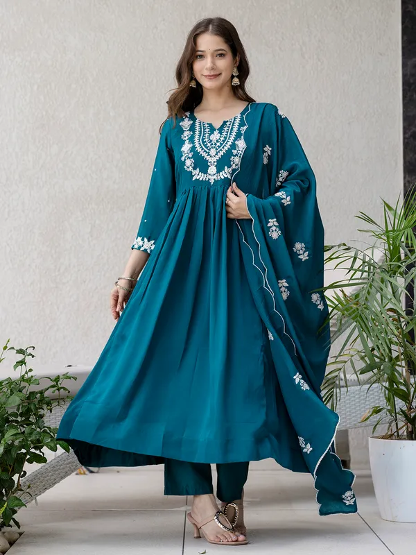 Teal_Blue_Embroidered_Anarkali_Kurta_Set_With_Dupatta