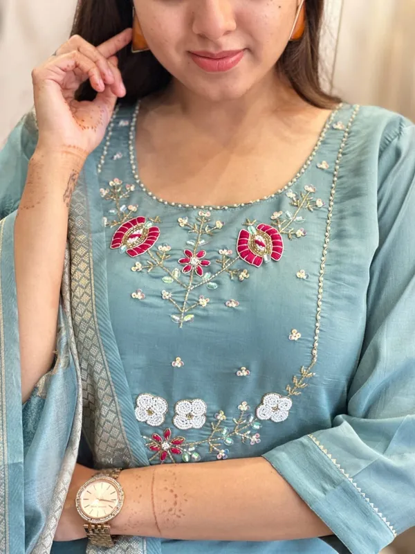 Firoji_blue_Embroidered_Salwar_Suit_Set_With_Floral_Dupatta