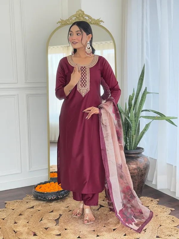 Maroon_Embroidered_Kurta_Set_with_Floral_Dupatta