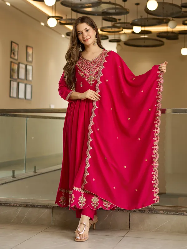 Red_Anarkali_Suit_Set_With_Embroidered_Yoke_And