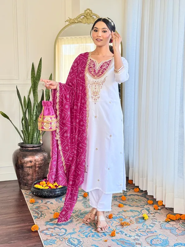 White_Kurta_Set_With_Pink_Bandhani_Dupatta
