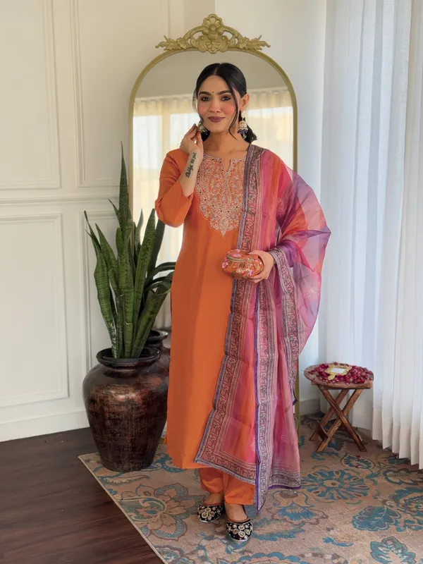 Women's_Orange_Rayon_Embroidered_Straight_Kurta_with_Rayon_Pant_And_Taby_Printed_Dupatta_Sets