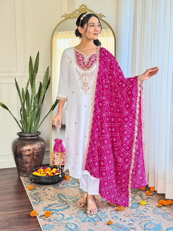 White_Kurta_Set_With_Pink_Bandhani_Dupatta
