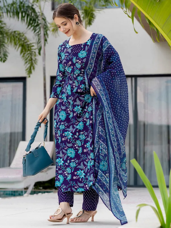 Blue_Floral_Printed_Kurta_Set_with_Dupatta