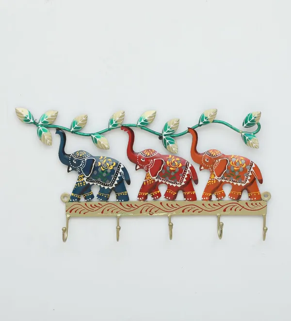 Decorative_Metal_Wall_Hanging_Key_Holder_With_Elephants_And_Tree_Design