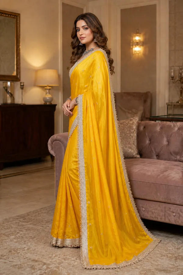 Fandy_sattin_Fabric_With_Beautiful_Sequence__butti__all_over__Saree_With_Rich_elegant_lace_on_either_side