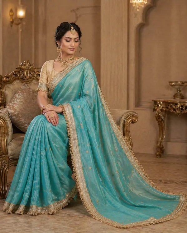 Fandy_sattin_Fabric_With_Beautiful_Sequence__butti__all_over__Saree_With_Rich_elegant_lace_on_either_side