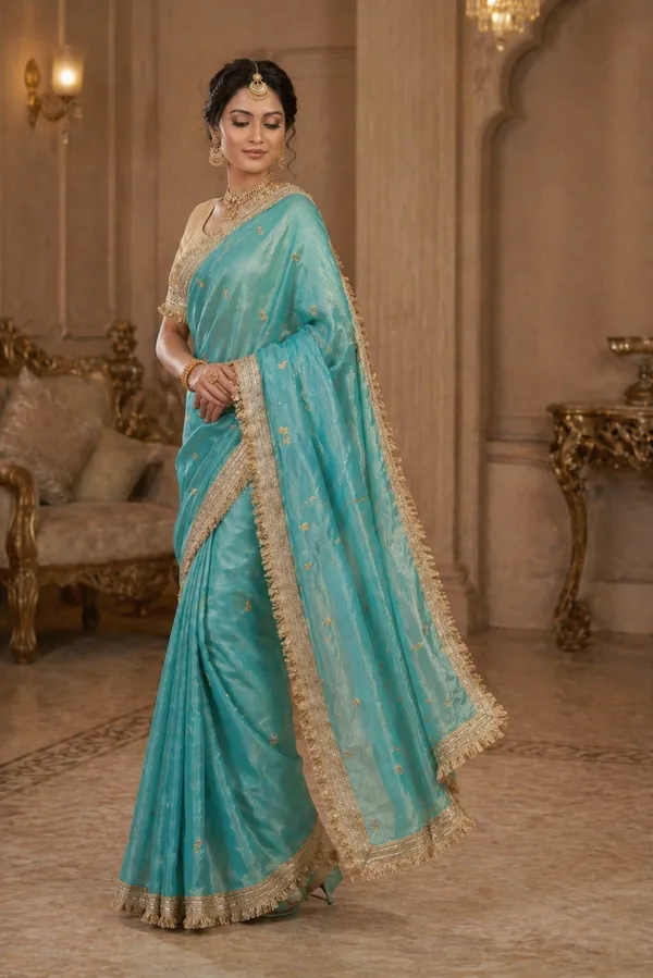 Fandy_sattin_Fabric_With_Beautiful_Sequence__butti__all_over__Saree_With_Rich_elegant_lace_on_either_side