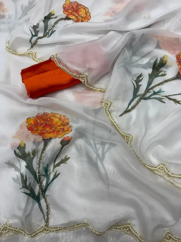 Havy_Soft_Taby_Silk_Fabric_With_Beutiful_Floral_Prints_With_Beads_And_Katdana_Handwork_In_Border
