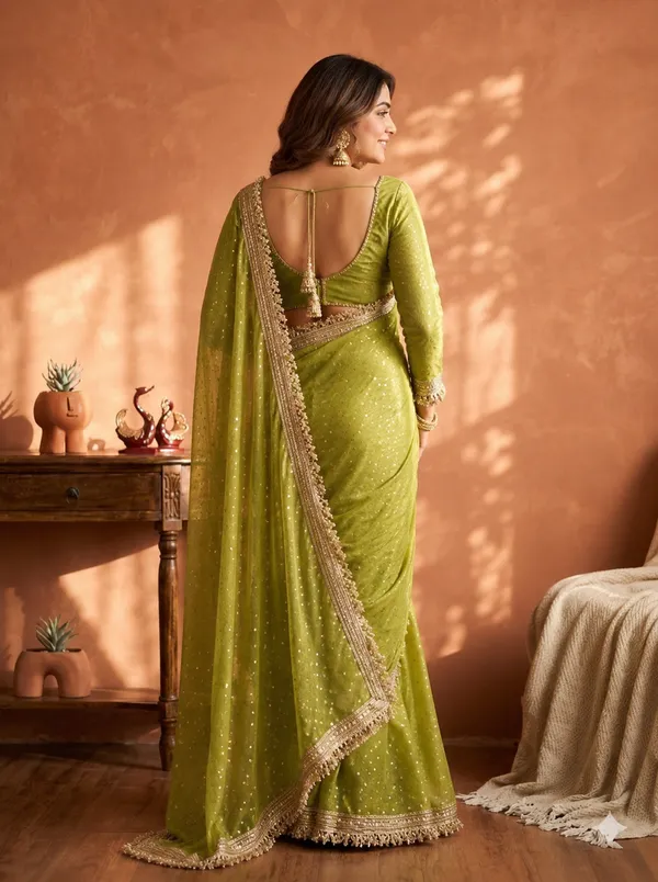 N*C_Moss__Fabric_With_Beautiful__Jari_butti__all_over__Saree_With_Rich_elegant_lace_on_either_side