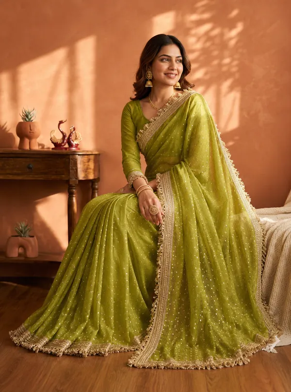 N*C_Moss__Fabric_With_Beautiful__Jari_butti__all_over__Saree_With_Rich_elegant_lace_on_either_side