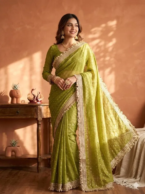 N*C_Moss__Fabric_With_Beautiful__Jari_butti__all_over__Saree_With_Rich_elegant_lace_on_either_side