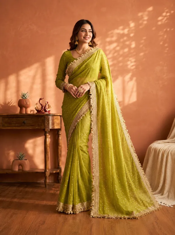 N*C_Moss__Fabric_With_Beautiful__Jari_butti__all_over__Saree_With_Rich_elegant_lace_on_either_side