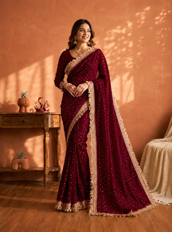 N*C_Moss__Fabric_With_Beautiful__Jari_butti__all_over__Saree_With_Rich_elegant_lace_on_elegant_lace_on_either_side