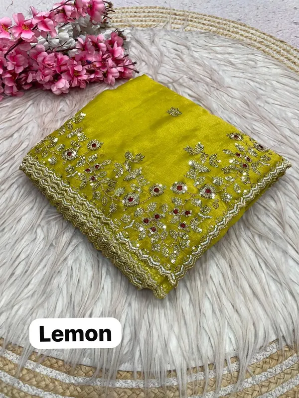Lemon_Yellow_Pure_Fandy_Chiffon_Sarees_With_Amazing_3_Mm_C_Pallu_Sequence_Work_With_Cut__Work_Borde